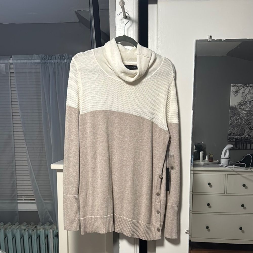 NWT Tahari Cream and Tan Cowl Neck Sweater